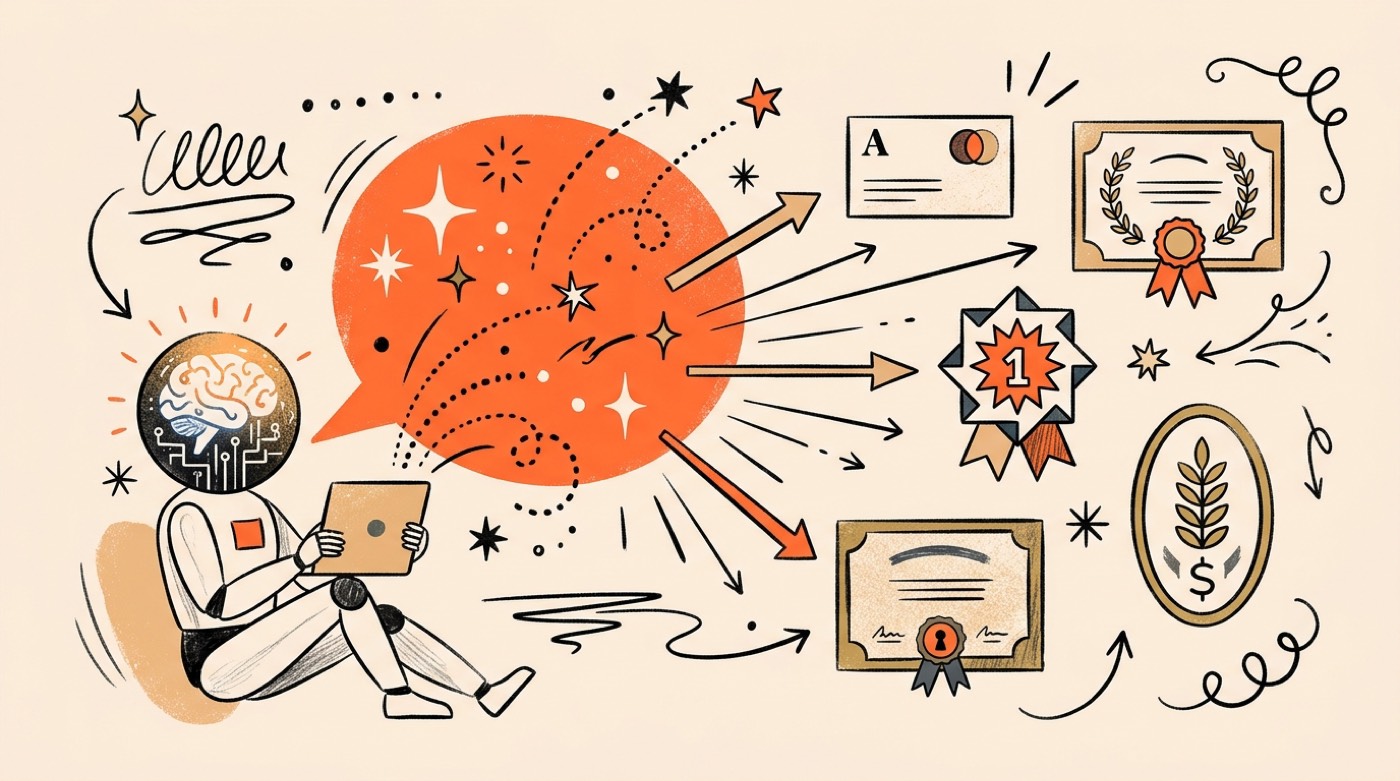 Illustration éditoriale d'un chatbot IA recommandant des entreprises