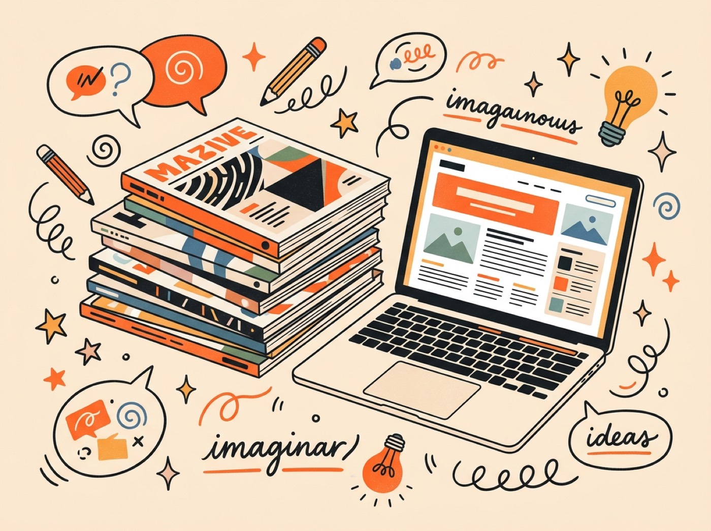 Illustration d'un blog éditorial avec laptop et magazines
